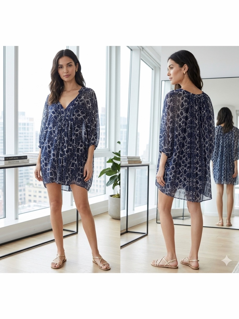 DIANE VON FURSTENBERG DRESS Sz 4 Short Batwing Sleeves Blue Fleurette 100% Silk